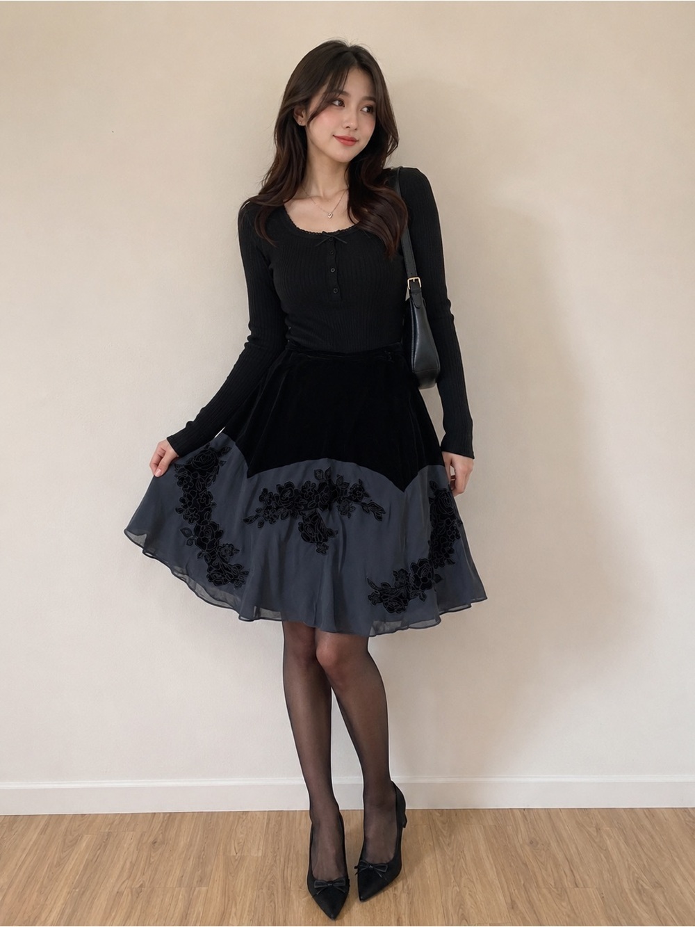 Jones New York Petite Black Velvet & Sheer Floral Embroidered Skirt NWT 8P